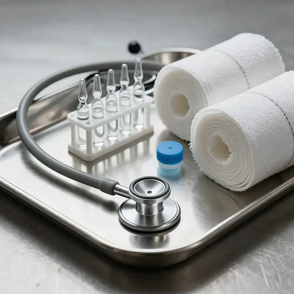 Stethoscope, tray, ampule rack, and gauze rolls on brushed steel with a sky-blue accent