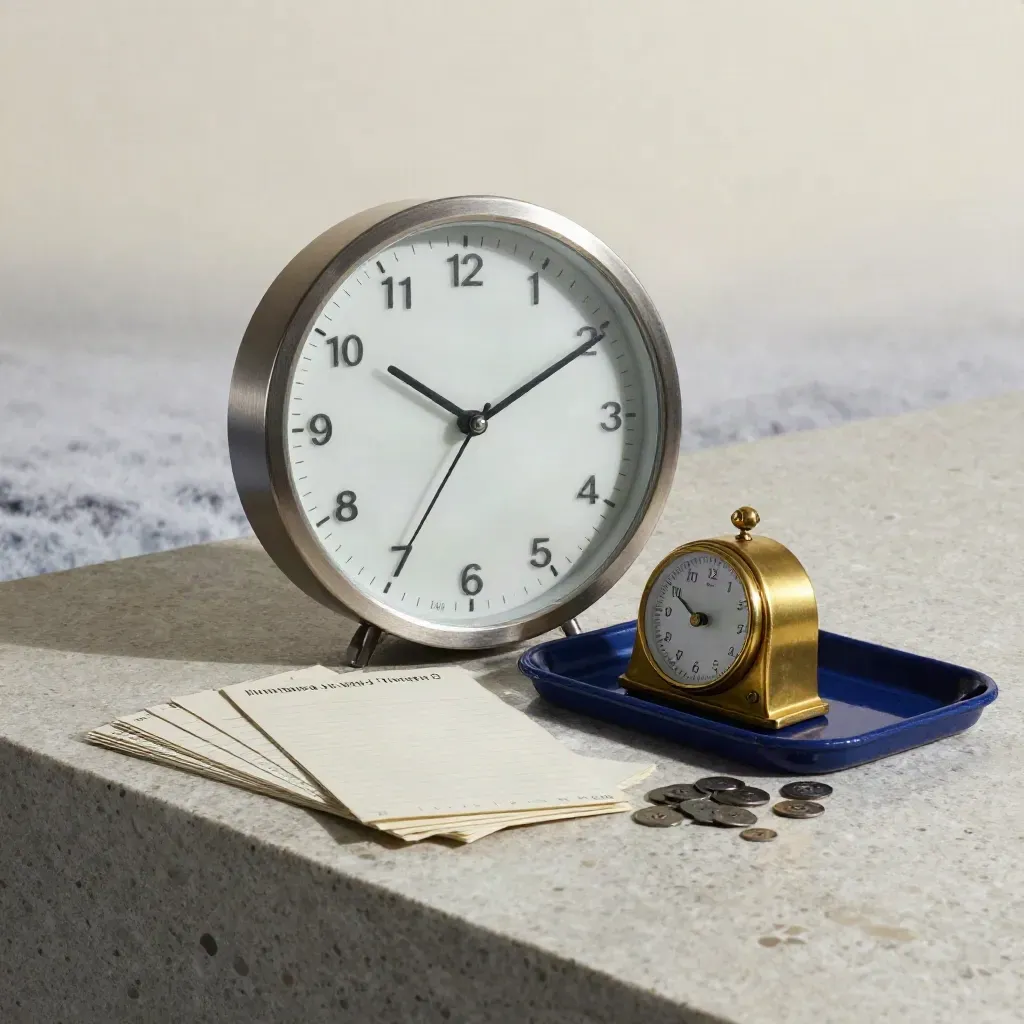 Brass time clock, aluminum wall clock, blank timecards and shift chips on pale stone