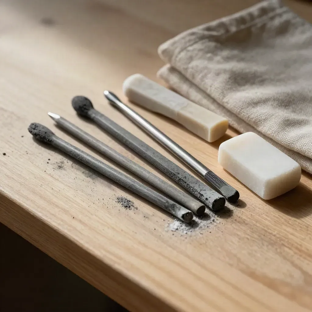 Graphite sticks, carving tools, eraser and cloth on pale wood under hard light