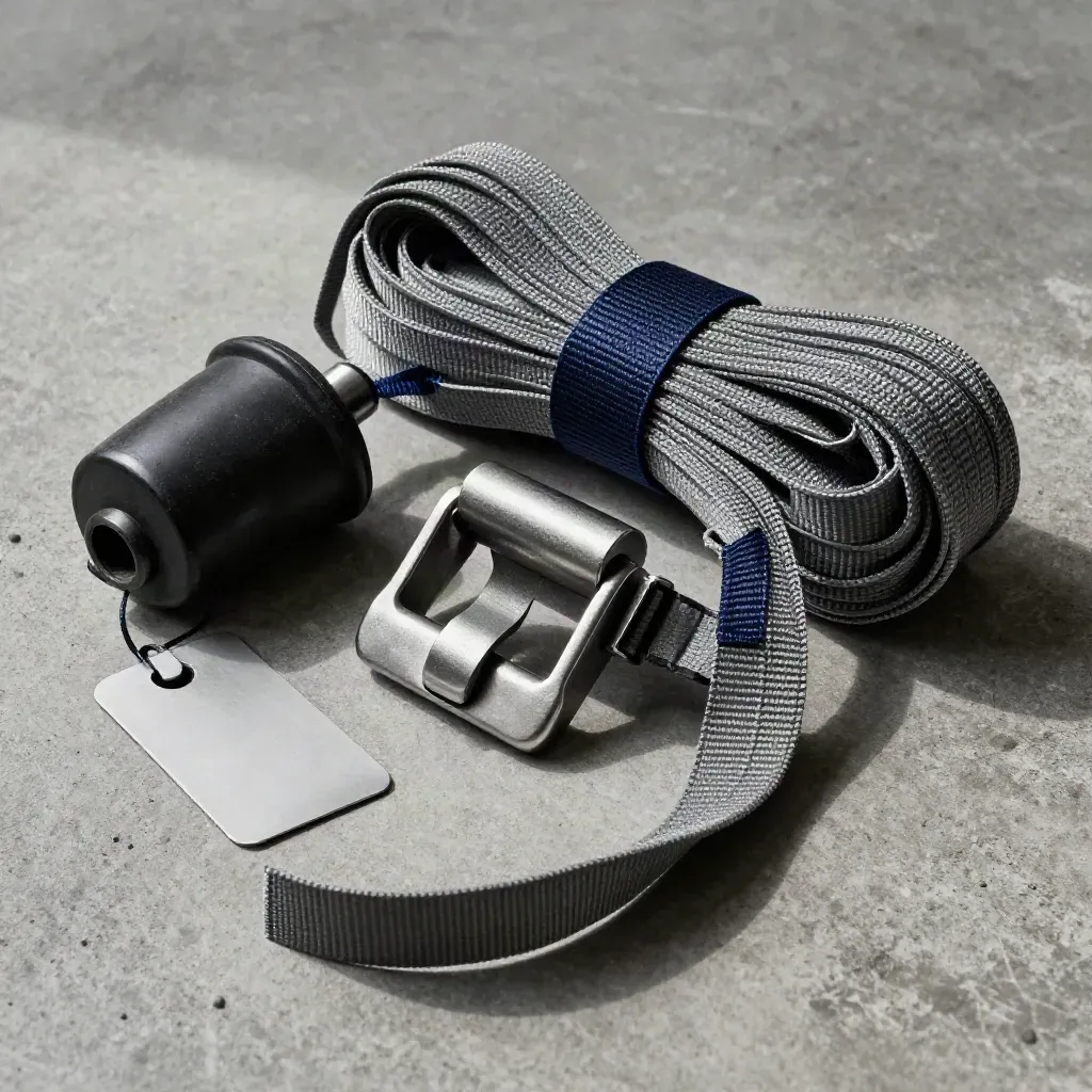 Freight strap buckle, dock bumper, metal tag, and webbing on concrete in hard light.