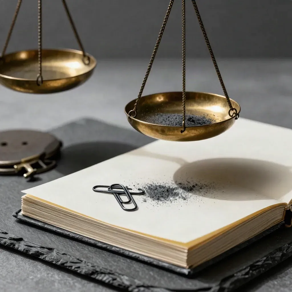 Brass balance scales and ledger tools on dark stone with dramatic light