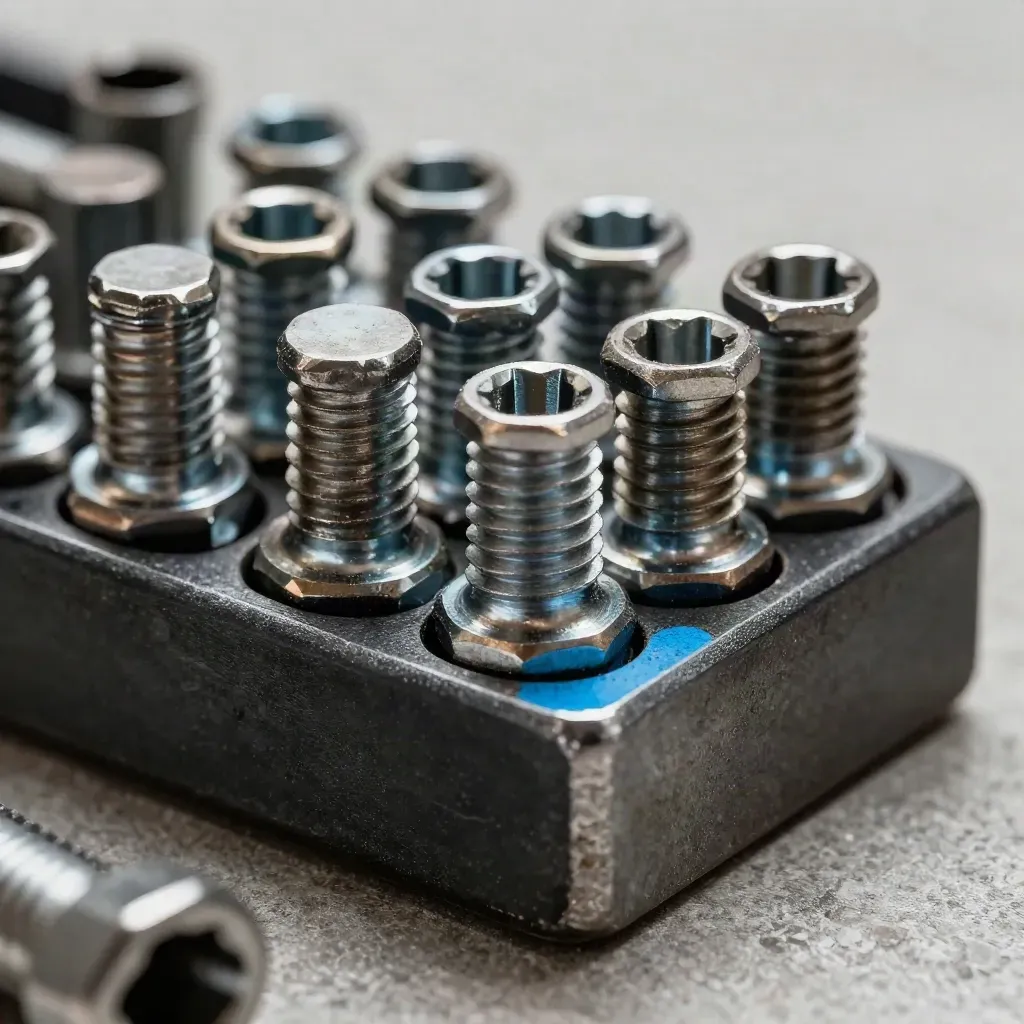 Macro still life of sorted bolts, sockets, steel corner, and a blackened tray on stone