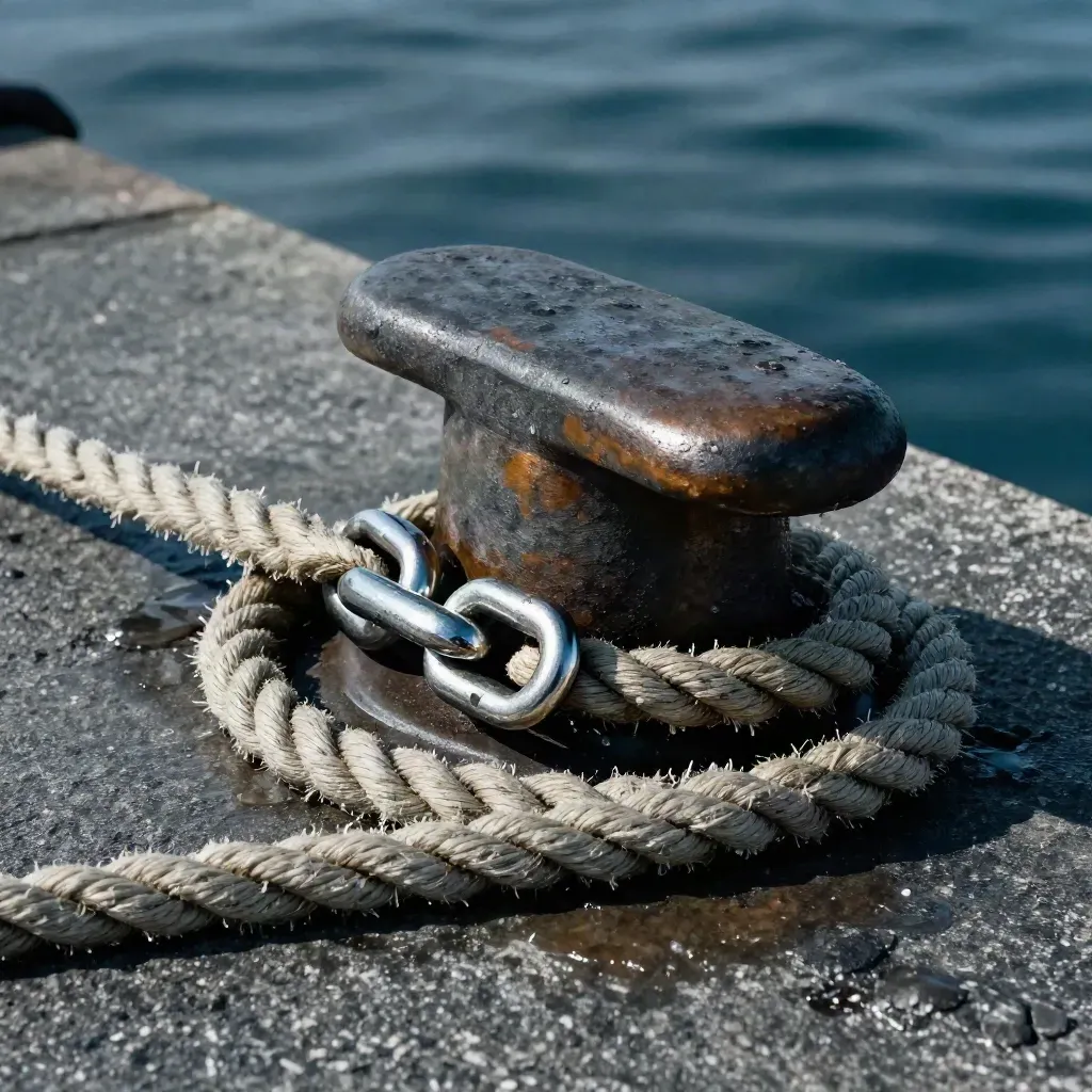 Coiled dock line, bronze cleat and shackle on a salt-worn stone pier in misty light.