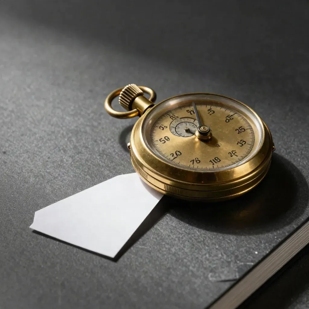 Brass stopwatch on graphite with a white paper tab, lit by a hard side light.