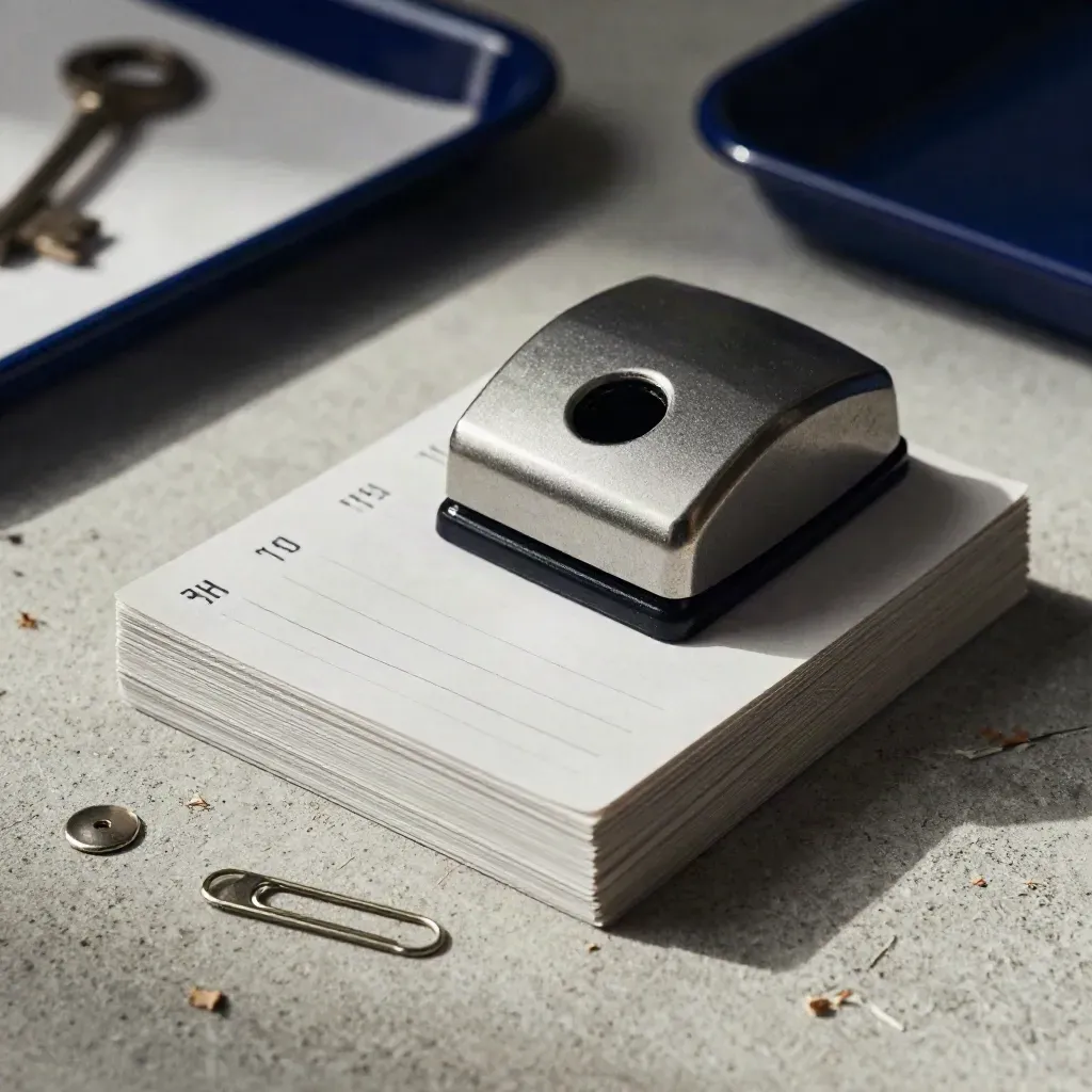 Blank timecards, metal punch, and paper fasteners on pale concrete with blue accent