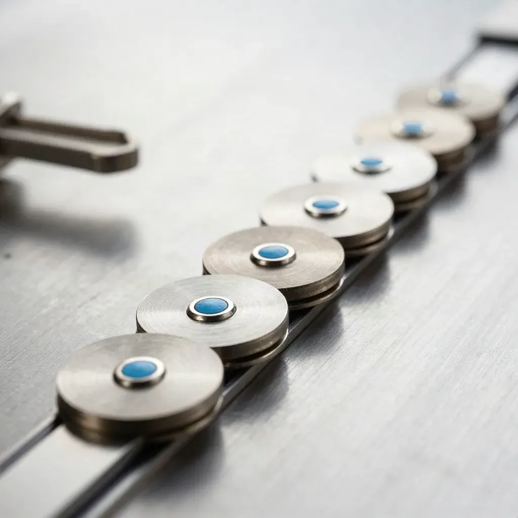 Macro of steel magnet discs on a rail with one blue marker tab shifting position.