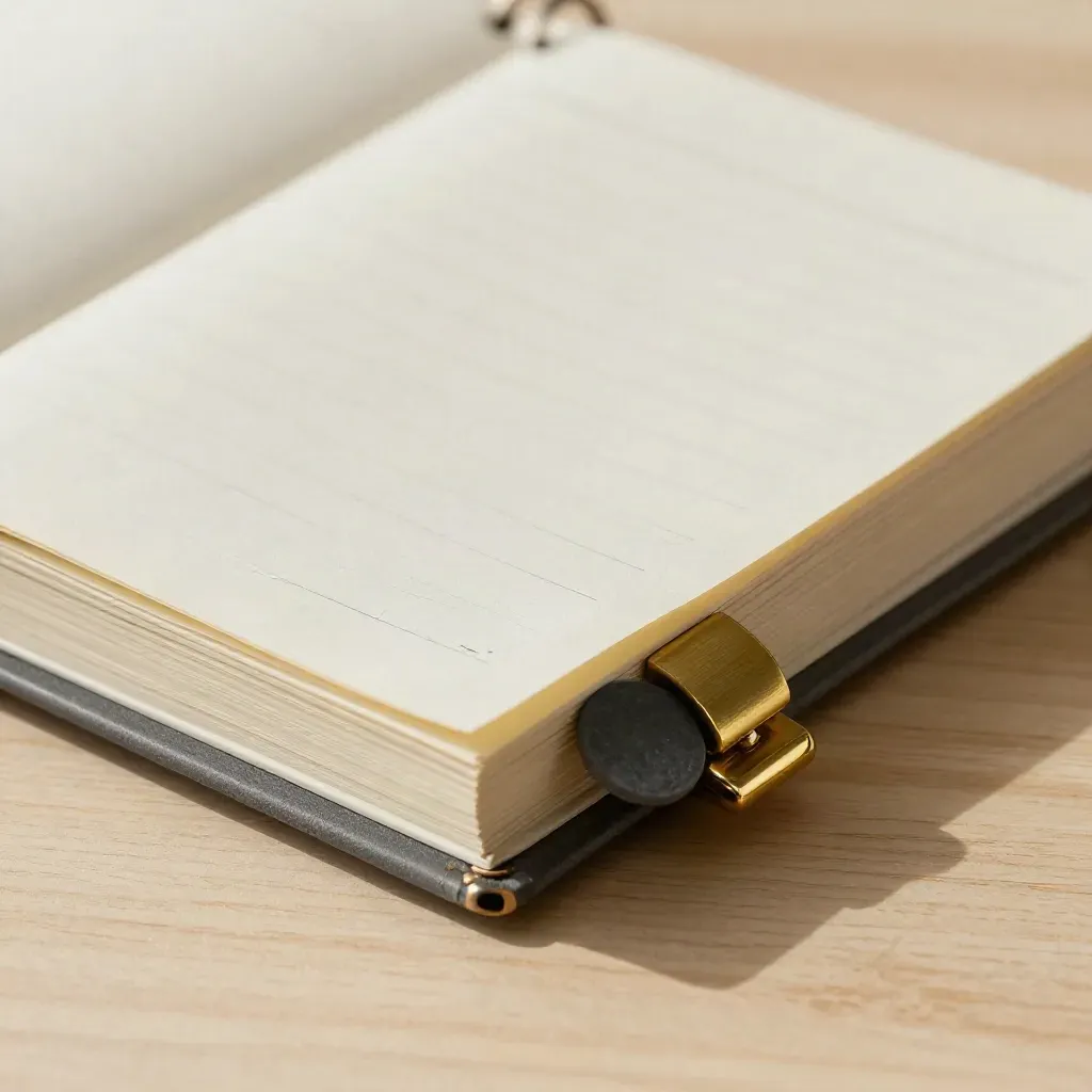 Ring-bound appointment book with brass page weight and round tabs on pale wood