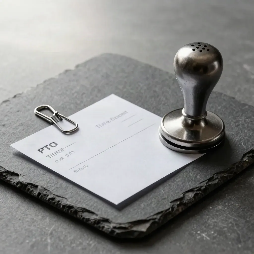 White approval seal beside a folded PTO request slip on dark stone