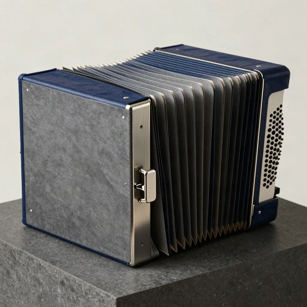 Accordion file folder with paper strip and metal spine on graphite stone
