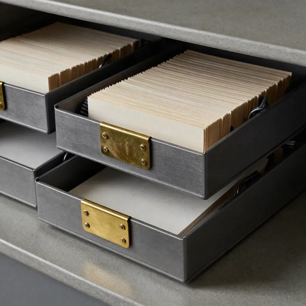 Dramatic still life of filing trays, brass weights, cable coils and project cards on concrete.