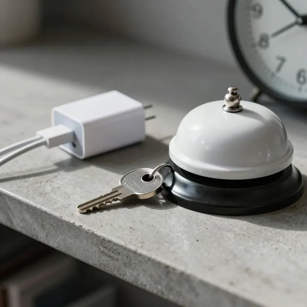 Key ring, desk bell, charger, and clock edge on concrete with hard side light.