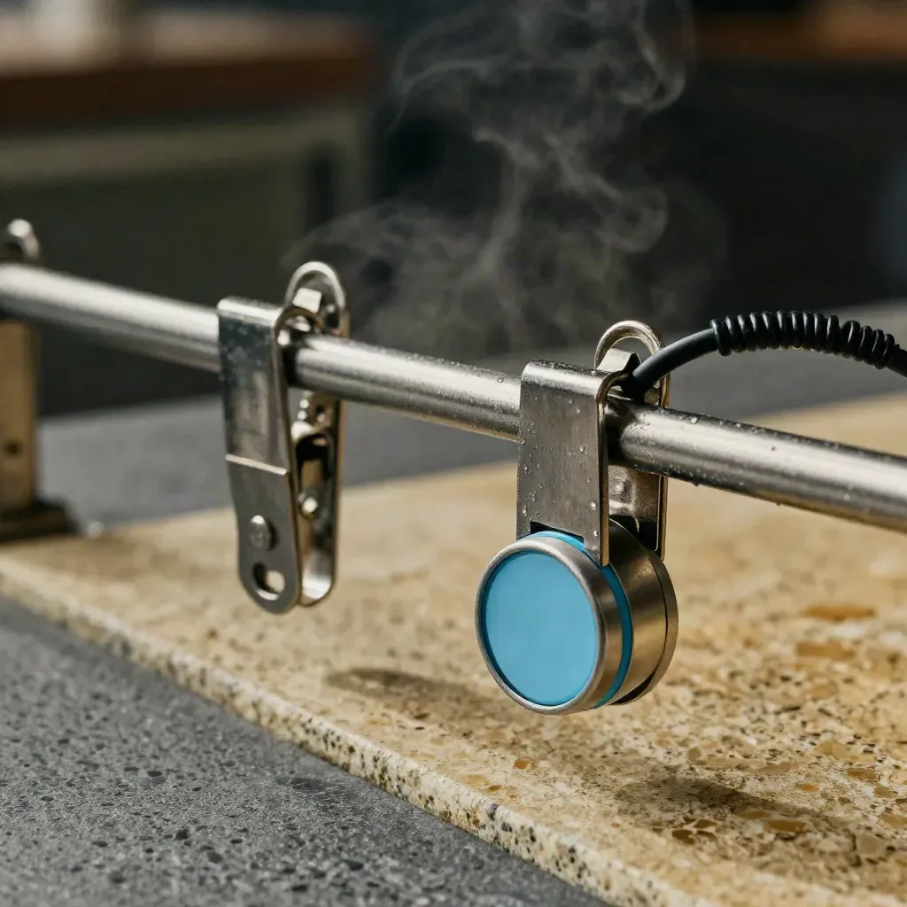 Macro still life of a restaurant order rail with clips, timer, and coiled cord on stone.