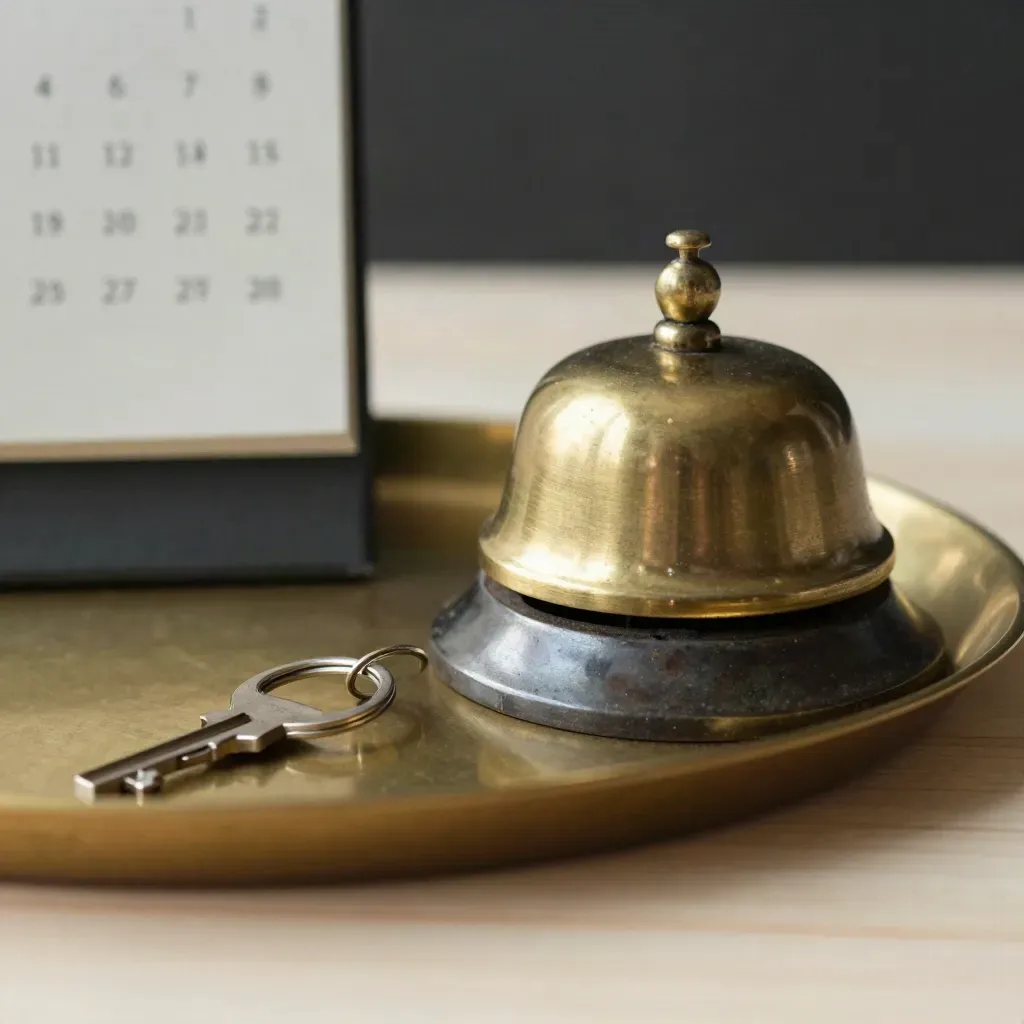 Brass appointment bell, key ring, and closed calendar stand on pale wood in warm moody light.