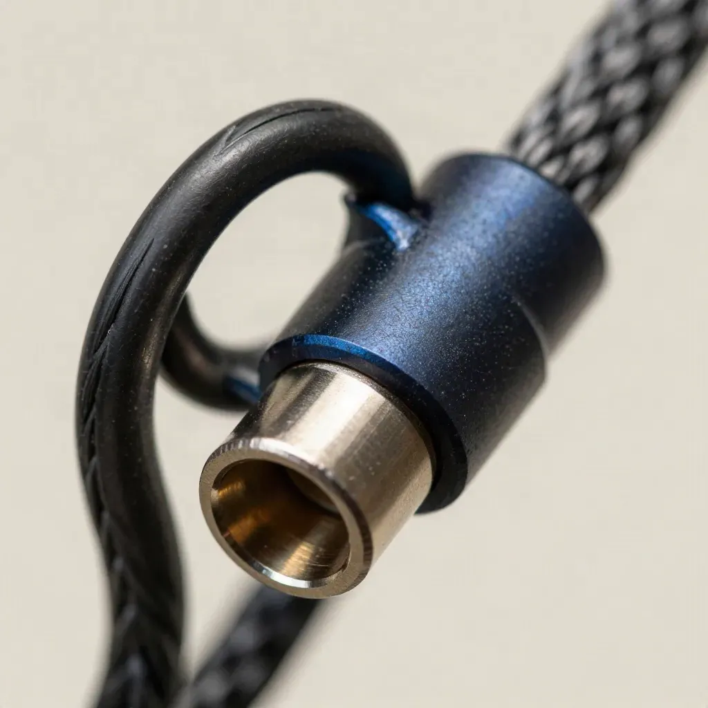 Macro of steel rings, braided cable, and a centered connector block on graphite.