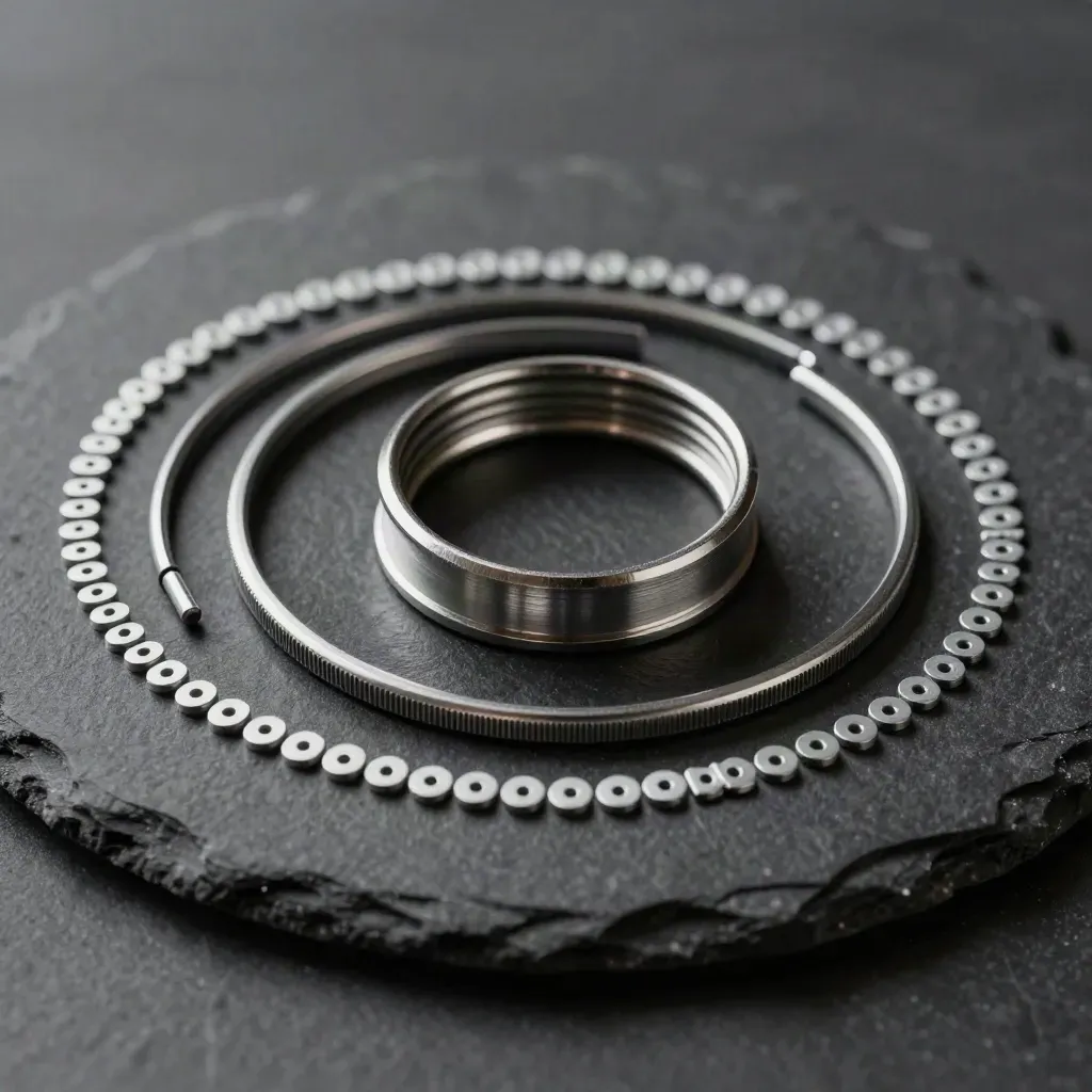 Metal couplers and tiny fasteners on matte black slate, lit from upper left.