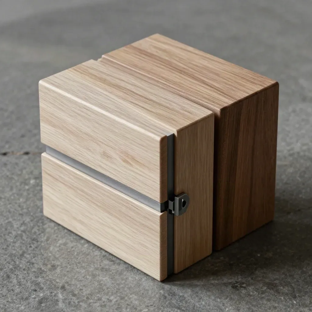 Wooden modules, graphite spacer, and magnetic joiner arranged on brushed stone.