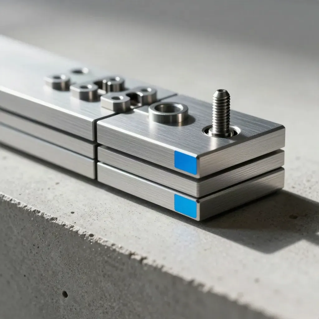 Machined aluminum blocks and a blue spacer aligning on pale concrete under hard light.