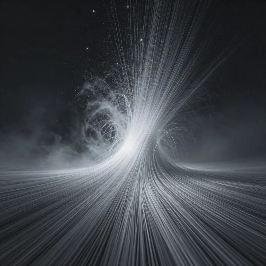 Silver filaments converge into a soft off-centre bloom in dark graphite haze.